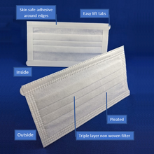 Load image into Gallery viewer, White SAM brand self adhesive face mask shown with call outs for tabs, pleats and adhesive strips.